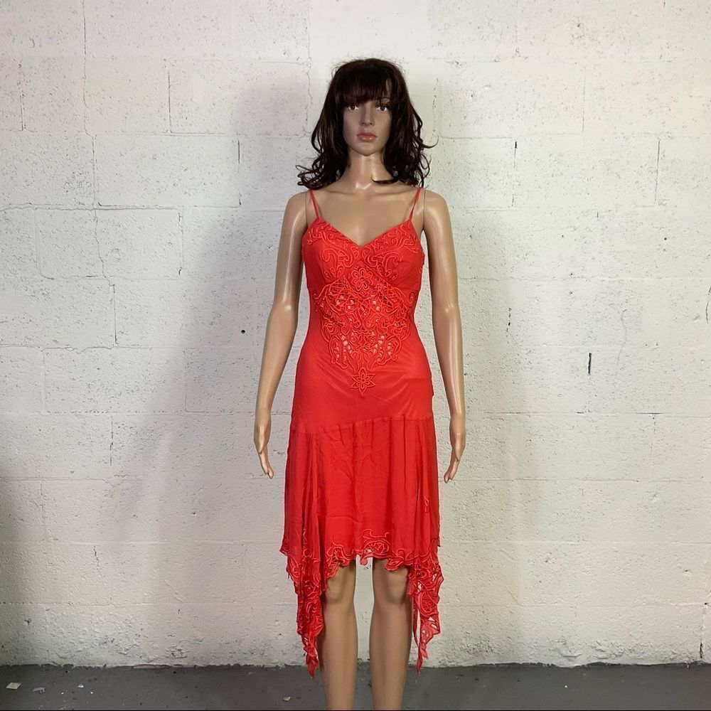 Sue Wong Orange Lace Sleeveless Asymmetrical Silk Babydoll Slip Midi Dress 4 - Picture 2 of 9